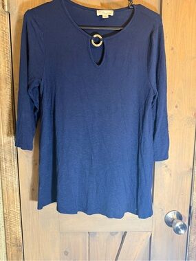 Misia Navy Long-Sleeve Top with Gold Ring Accent